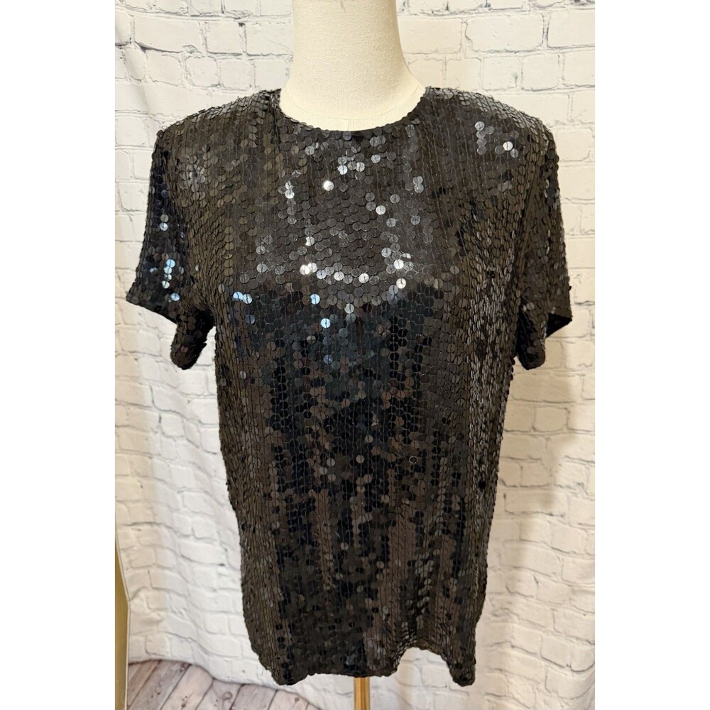 VTG Diane Gilman Sequin Blouse Black Silk Short Sleeve Party Top Women's Small